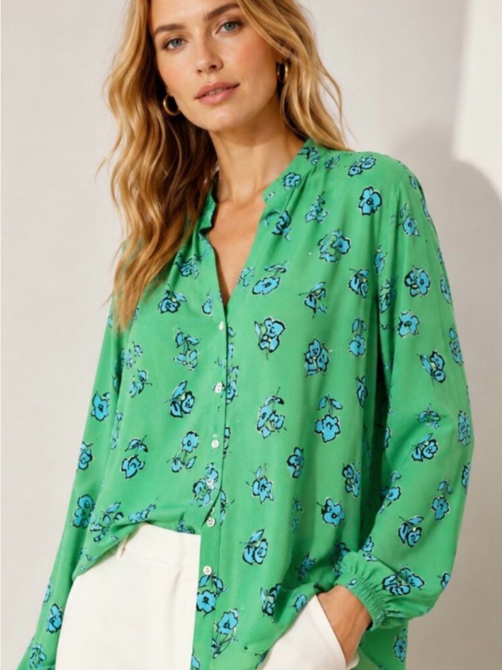 CAbi Go-To Floral Button Down Blouse Top Lightweight Oversized 3/4 Sleeves Sz S